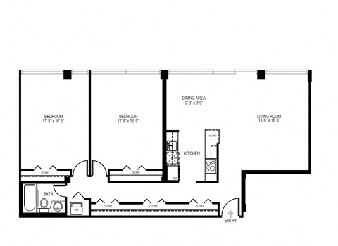 Floor plan for 2 beds, 1 bath, 1090 sqft